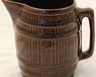 364 - Barrel motif pottery pitcher 8 x 8 x 5 1/2
