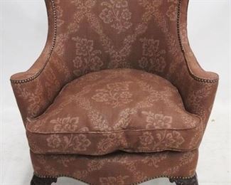 717 - Fancy Carved Claw Foot Fireside Chair Nail head accents 42.5 x 32 x 33
