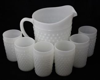 734 - Milk Glass Pitcher w/ 6 glasses pitcher - 8" tall glasses - 4.5" tall
