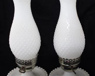 735 - Pair of Hobnail Milk Glass Hurricane Lamps 13" tall
