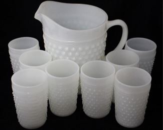 736 - Hobnail Milk Glass Pitcher w/ 8 glasses pitcher - 8" tall glasses - 4.5" tall
