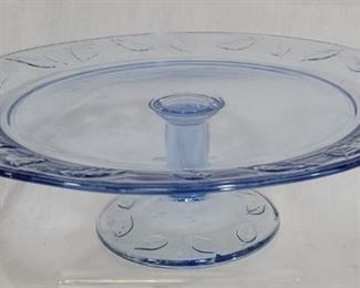 894 - Blue Glass Pedestal Cake Plate w/leaf pattern 13" round, 4" tall
