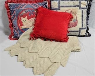896 - Lot of 3 Pillows and Lap Afghan 18" x 18" larger pillows
