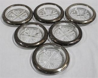 982 - 6 Sterling Silver rimmed glass coasters, FB Rogers Silver Co. 4" round
