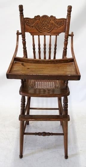 1221 - Vintage child's spindle & press back high chair 42 1/2 x 16 x 17

