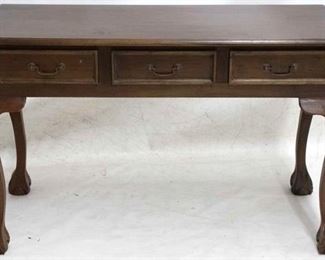 2032 - Carved mahogany 3 drawer writing table Ball & claw foot table few scratches 30 x 47 x 19 1/2
