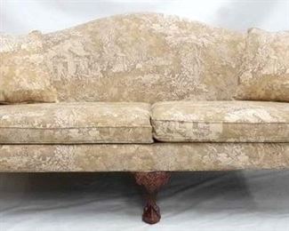 2073 - Bassett Chippendale toile upholstered sofa ball & claw feet colonial toile upholstery 2 pillows 37 x 88 x 38

