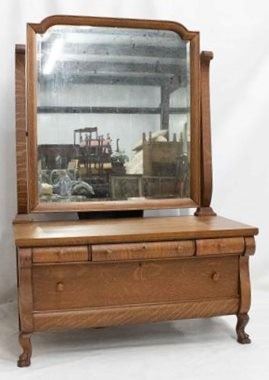 2180 - Tiger oak claw foot dresser with large mirror beveled mirror 71 x 48 x 24
