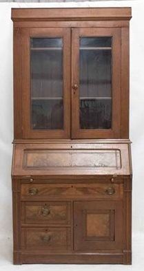 2189 - Victorian walnut 2 part bookcase top secretary burl front slant lid design with key 86 x 40 x 20
