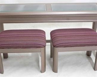 2211 - Sofa table with pair upholstered top stools beveled glass inserts stools 16 x 22 x 14 1/2 table 26 1/2 x 54 x 16 1/2
