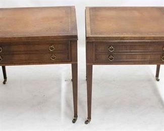 2212 - Pair mahogany 1 drawer tapered leg tables tooled leather top general wear brass casters 25 x 24 1/2 x 24 1/2
