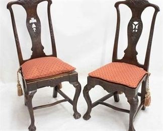 2218 - Early carved pair Asian motif chairs, cane seats caned seats - good condition tasselled seat pads 41 1/2 x 20 x 16
