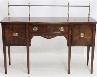 2259 - Statton inlaid mahogany sideboard with brass Bow front, rosette inlay, lined center silver drawer flanked with 2 doors, high brass gallery, tapered legs, with keys 44 x 61 1/2 x 21
