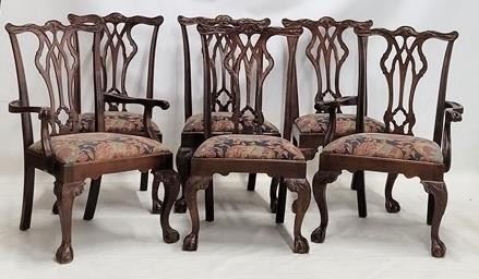 2289 - Chippendale carved set of 6 dining chairs 2 arm & 4 side chairs ball & claw feet 40 x 21 x 21
