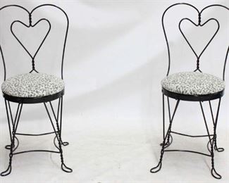 2327 - Pair metal ice cream chairs Gray leopard design upholstered seats 35" tall
