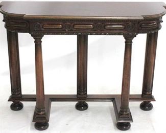 2326 - Carved mahogany console table column carved legs, painted beading on skirt 34 x 48 x 17
