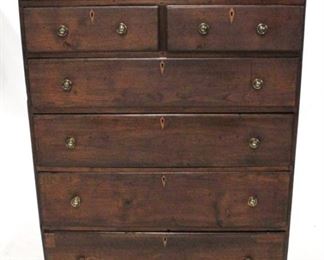 2333 - Vintage 9 drawer high chest Bracket foot, inlaid escutcheons 61 1/2 x 39 1/2 x 19
