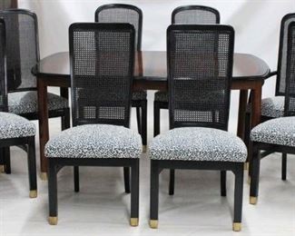2339 - Asian motif ebonized dining table, 8 chairs Wood inlay top table w/ leaf 29 x 42 x 97 chairs 42 1/2 x 25 x 21 1/2
