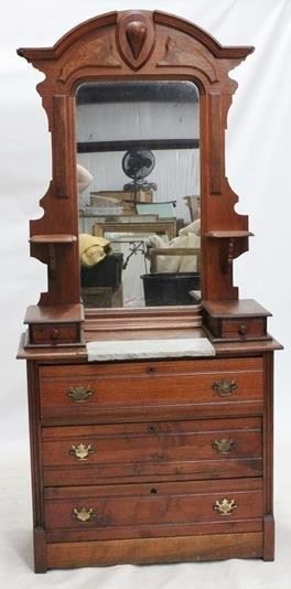 2393 - Victorian walnut marble inset dresser with mirror & glove drawer boxes 81 x 38 x 17
