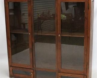 2399 - Wooden display case with gallery comes with additional extra shelf, needs supports 62 x 60 x 15 1/2

