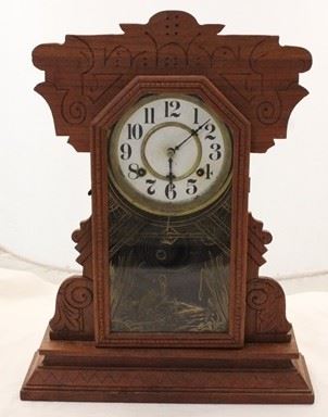 2411 - Vintage carved wood mantle clock 20 x 15 x 5
