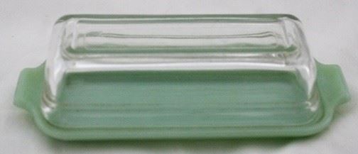 2446 - Fire King Jadeite covered stick butter dish Clear top 3 x 7
