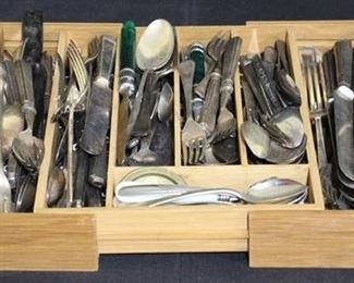 2459 - Large array of flatware in wooden tray
