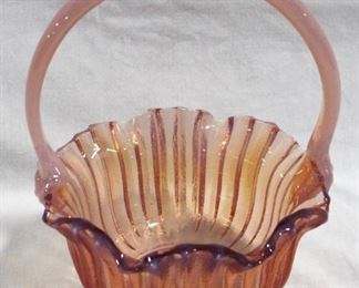 2480 - L.E. Smith Pink Opalescent Basket Ribbed Glass Scalloped Lip 9 x 6 1/2 x 6
