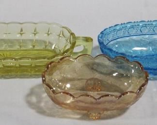 2494 - 3 Colored Glass Dishes, assorted sizes Floragold Footed Oval Bowl, Bird in Strawberry, Vintage Tiara Constellation Yellow Celery Dish
