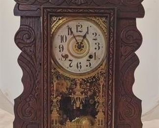 2876 - New Haven vintage carved mantle clock with pendulum, no key 23 x 15 x 4 1/2
