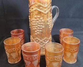 2884 - 7 Piece vintage carnival glass set water set 11 1/2" tall pitcher 1tumbler cracked
