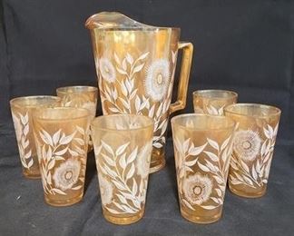 2886 - Vintage Jeanette Cosmos marigold carnival set Pitcher & 7 tumblers
