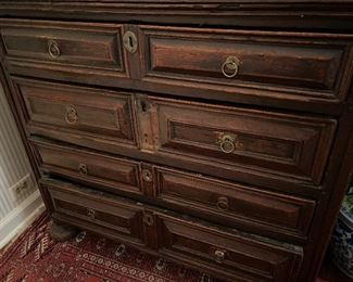 Circa 1680 ?  Oak paneled chest with brasses