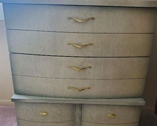 RETRO VINTAGE CHEST OF DRAWERS IN WHITE WASHED FINISH/ GOLD HARDWARE PULLS 