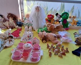 FISHER PRICE TEA SET AND FAMOUS PLUSH ANIMAL TOYS