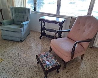 ROSE UPHOLSTERED CHAIRS, SMALL FOOT STOOL, LOVELY ANTIQUE MARBLE TOP TABLE