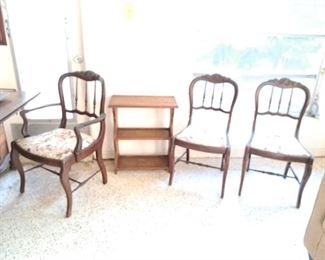 SMALL BOOK STAND AND 3 OF 6 MATCHING MAHOGANY FRAME CHAIRS