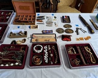 PART OF COSTUME JEWELRY, BELT BUCKLES, POCKET KNIVES ++