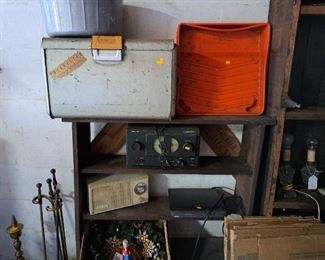 VINTAGE RADIOS, PAINT TRAYS, COOLER, OLD SHELVING