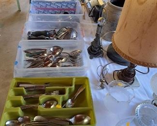 ASSORTED SILVER PLATE , STAINLESS STEEL,CROCK,HURRICANE LAMP