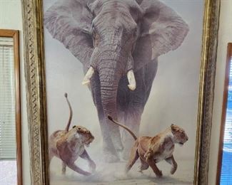 Large signed and numbered textured Litho of African Elephant and Lions...Artist Daniel Smith 25/180 