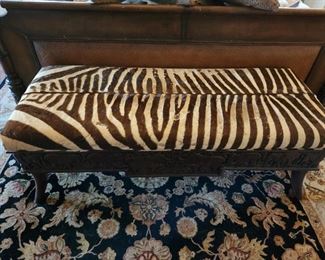 True Zebra Skin Bench w/Carved Animals on Sides