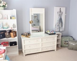 Bedding, vintage items and shelving.