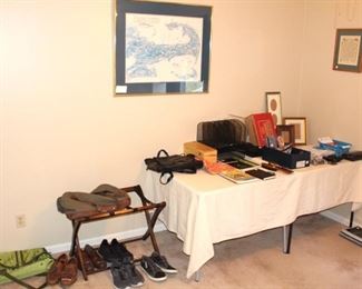 Large amount of office supplies, leather satchel, wall art and more.