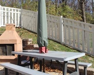 Lifetime picnic bench, umbrella and base.