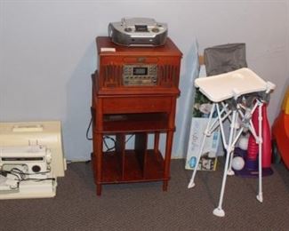 Singer sewing machine and supplies, turntable.