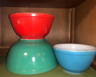 Primary, green, red & blue Pyrex. No yellow. Fair condition. 