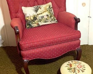 Wingback chair and needle point stool