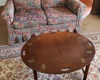 English Butler Style Tray Table, Love seat and area rug 