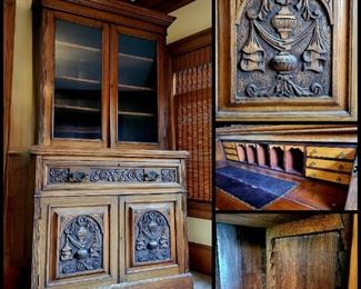 Antique hand-carved Oak drop-front Secretary Bookcase (one of the lower doors needs hinges replaced)  $495 or bid #8
